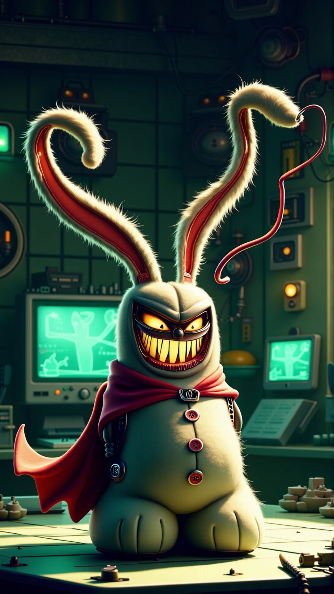 An image of a villainous item: A diabolical, cartoonish bunny slipper with a wicked grin, standing upright on its fluffy back legs in the middle of a grand, ominous lair. The once-adorable slipper now has an air of malevolence, its button eyes glowing with an otherworldly red light, as if fueled by an evil intent. A sadistic smirk stretches across its face, made from a twisted, stitched-on smile that curves upward like a sinister crescent moon. The villainous bunny slipper's ears appear to be made of razor-sharp steel, curved and pointed, giving it a menacing appearance.
Its plushy fur is now tattered and ruffled, with a sinister-looking cape flowing behind it, like the cloak of a nefarious overlord. The caped bunny slipper stands on a dimly lit, high-tech lair floor, amidst an array of high-tech gadgets and screens displaying malevolent blueprints. The room is filled with an eerie green glow emanating from the various contraptions and machinery.
The background is a dramatic, high-contrast silhouette, with ominous-looking machines and high-tech equipment looming in the dark, while the mischievous bunny slipper stands triumphantly in the center, its devious grin radiating a sense of wickedness and power. The lair's walls are lined with wicked-looking gears and clockwork mechanisms, reinforcing the notion that this villainous bunny slipper is a mastermind of chaos.<lora:VillainousStyleFlux:1>