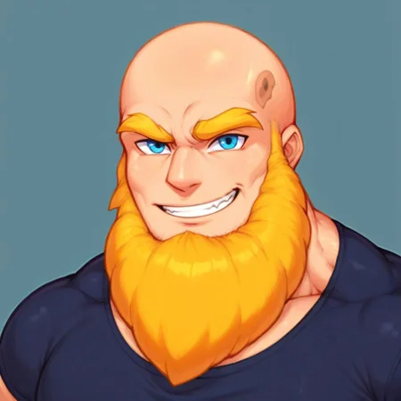 score_9, score_8_up, score_7_up, score_6_up, score_5_up, score_4_up, rating_questionable <lora:gomtang_style_1:1, <lora:add-detail-xl:1.5>, Bright Blonde Bald, Closeup, Bust portrait, (In The School/School Background, School Gym, School Scenery), 1boy, {Strong Triangular Jawline}, bodybuilding, {massive pectoral}, {beefy muscle}, Tall, Goliath, Rugged Features, Chiseled Features, Mature Male, 40-Year Old Man, {Thick Bright Yellow Eyebrows}, PE Teacher Shirt Outfit, Blue Eyes, Brawl Stars Style, Saying Hi, Grin, Smile, Highlights, {very long big epic beard), <lora:Cruz'sBeardedMan:0.7>, Bald