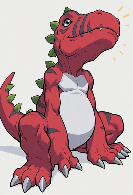 masterpiece,best quality,amazing quality, ultra high detail, good anatomy, perfect anatomy, anatomically correct hands, ultra detailed face, solo, , handsome, male only, Tyrannomon, Tyranomon, Digimon, Digital, Monster, red body, green spines, blue eyes, white belly on just tyrannomon,, three fingers, three toes, feral, buff, male only, tail in view, smile, sitting, eyes closed, happy, playful
