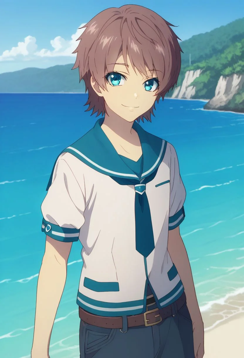 score_9, score_8_up, score_7_up, source_anime, highly detailed,
kaname, solo, 1boy, male focus, blue eyes, brown hair, school uniform, smile, belt, pants, looking at viewer, sailor collar, necktie, shirt, serafuku,
outdoor, ocean, smile,