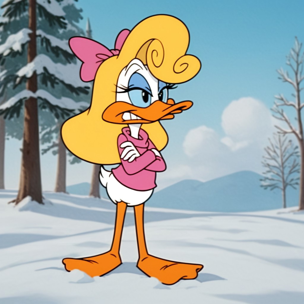 score_9, score_8_up, score_7_up, score_6_up, score_5_up, score_4_up, source_furry, Shirleytta, semi-anthro, female, duck, blonde hair, blue sclera, black eyes, white feathers, pink bow, pink shirt, standing, outside, winter, snow, crossed arms, freezing
