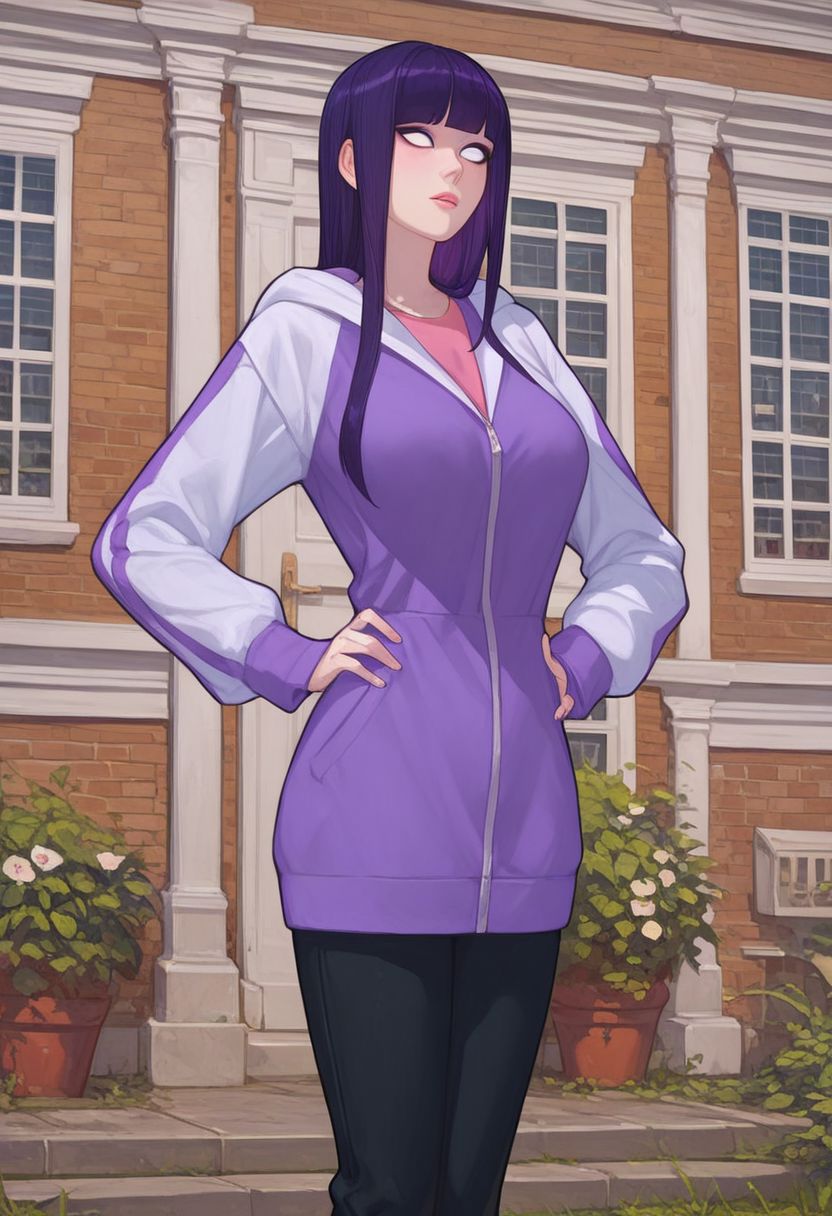 Score_9_up, score_8_up, score_7_up, solo, 1girl, hinnsn, purple hair, long hair, white eyes, jacket, pants, hood, hands on hip, Expressiveh