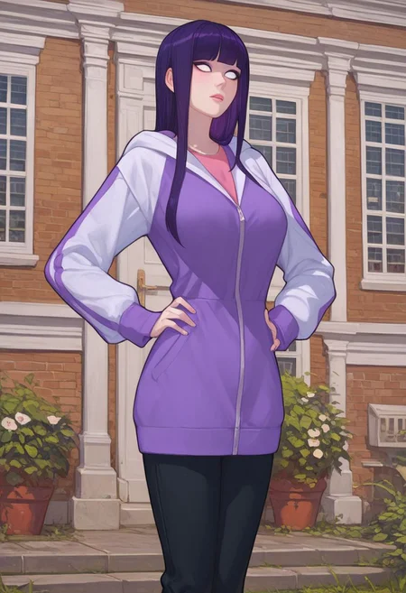 Score_9_up, score_8_up, score_7_up, solo, 1girl, hinnsn, purple hair, long hair, white eyes, jacket, pants, hood, hands on hip, Expressiveh