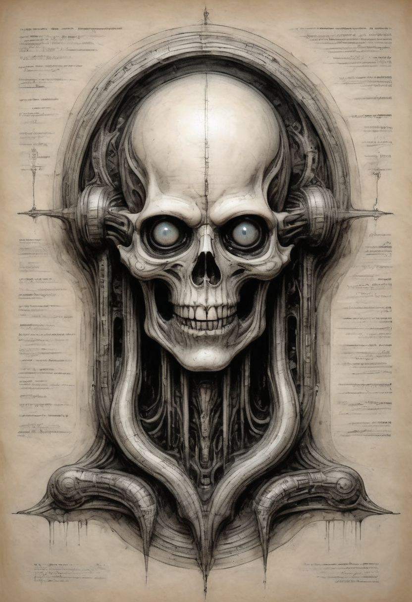 ink art on parchment by H.R. Giger writhing biomechanical glossy console glowing panels reflective chrome and inscrutable endless side paths and watchful eyes in the walls surreal twisted horror