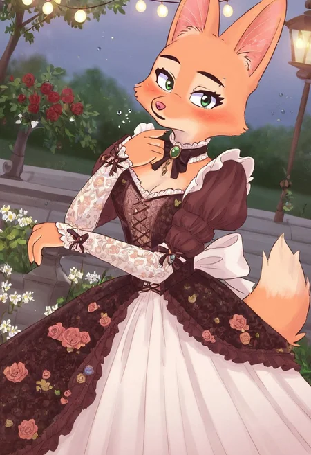 Diane Foxington, high quality, masterpiece, ginger fur, emerald eyes, victorian dress, blush, looks at viewer, smiles, sleepy face, alone, outside, village, lights