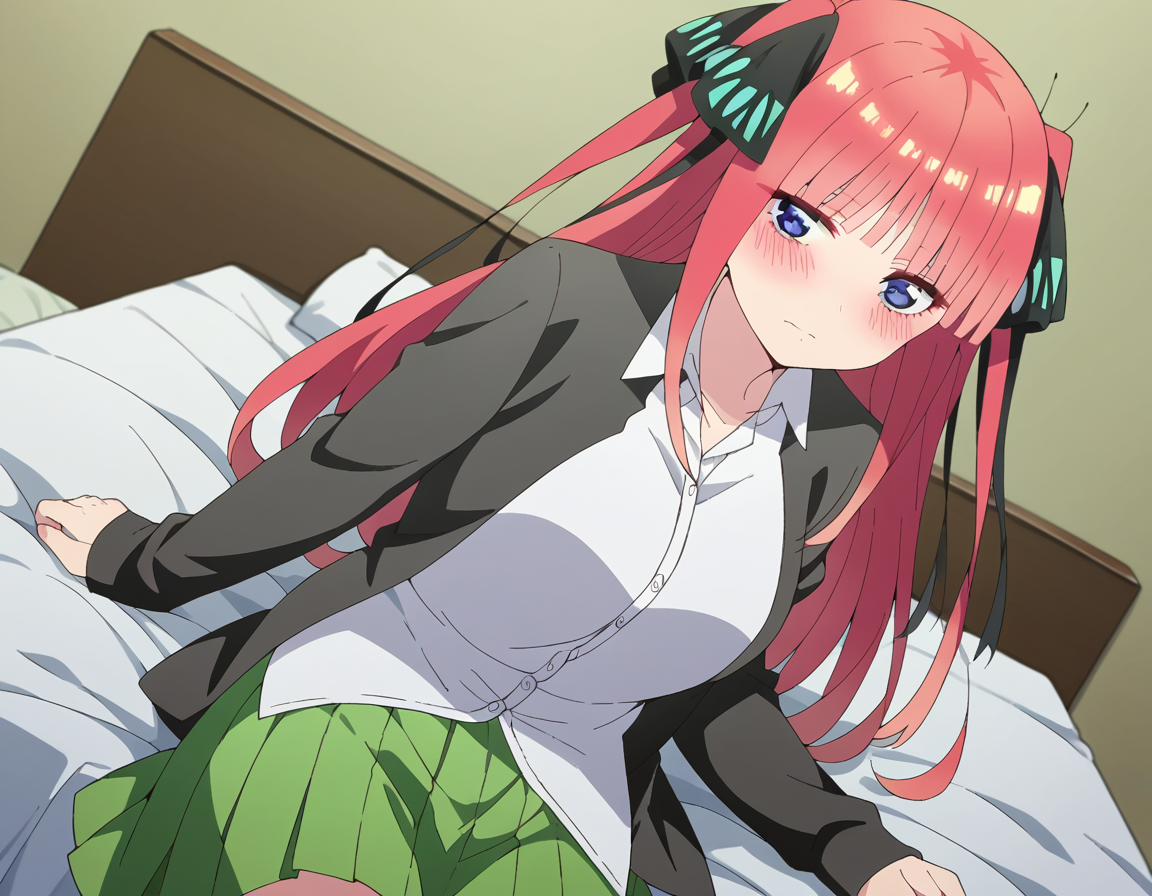 score_9, score_8_up, score_7_up, source_anime,
ninonakano, <lora:nino-nakano-s2-ponyxl-lora-nochekaiser:1>, 
nino nakano, long hair, bangs, blue eyes, hair ornament, hair ribbon, pink hair, blunt bangs, two side up, butterfly hair ornament, mature female,
skirt, shirt, long sleeves, white shirt, pleated skirt, open clothes, collared shirt, sleeves past wrists, dress shirt, cardigan, green skirt, open cardigan, black cardigan,
indoors, bed, bed room, on side, blush, drunk,
looking at viewer, cowboy shot, dutch angle, solo,