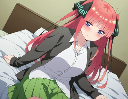 score_9, score_8_up, score_7_up, source_anime,
ninonakano, <lora:nino-nakano-s2-ponyxl-lora-nochekaiser:1>,
nino nakano, long hair, bangs, blue eyes, hair ornament, hair ribbon, pink hair, blunt bangs, two side up, butterfly hair ornament, mature female,
skirt, shirt, long sleeves, white shirt, pleated skirt, open clothes, collared shirt, sleeves past wrists, dress shirt, cardigan, green skirt, open cardigan, black cardigan,
indoors, bed, bed room, on side, blush, drunk,
looking at viewer, cowboy shot, dutch angle, solo,