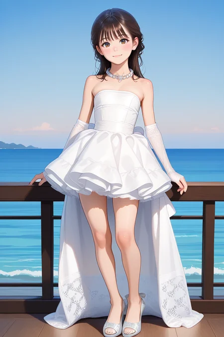 1girl, <lora:white_high_low_dressV1_Illustrious:1> ,white high-low dress,lace train,ruffled skirt,bare shoulders,strapless,pearl necklace,jewelry,white lace elbow gloves,white footwear,high heels,masterpiece, best quality, amazing quality, newest,light_smile,blue_sky, ocean, standing