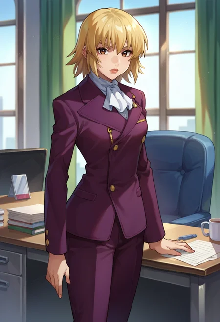 score_9,score_8_up,score_7_up,score_6_up,score_5_up,score_4_up,anime coloring,source_anime,<lora:Cagalli_Yula_Athha_Gundam_SEED_Pony:0.8>,cagalli,1girl,solo,brown eyes,blonde hair,medium hair,lipstick,purple coat,purple pants,ascot,standing,office,desk,