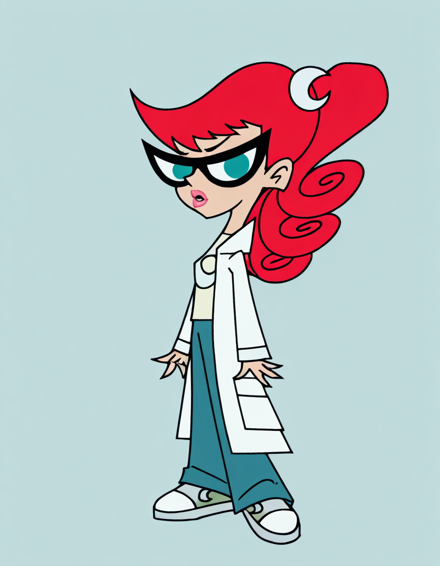 marytest, glasses, 1girl, red hair, ponytail, solo, long hair, hair ornament,crescent,  aqua eyes, labcoat, curly hair, lips, lipstick, pants, t-shirt, looking at viewer, masterpiece, best quality, amazing quality, very aesthetic, absurdres <lora:MaryTestIllustrious1.0JLFO-000017:1> simple background, full body, sneakers,