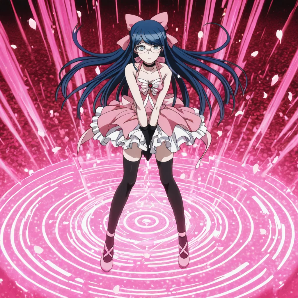 masterpiece, best quality, absurdres, <lora:anime_screencap-IllustriousV2:1>, anime screencap, anime coloring, 2d, anime style , This anime screencap is from Danganronpa the Animation. , <lora:Devil_Survivor_Megaten_Megapack:0.4> , 1girl,black_thighhighs,blue_eyes,blue_hair,bow,choker,devil_survivor_(series),devil_survivor_1,dress,glasses,gloves,hair_bow,hair_ornament,komaki_midori,long_hair,megaten,ribbon,solo,thighhighs,zanku , public_park, playground_equipment_twisted, benches_overturned, fountain_dried_up, cherry_blossom_petals_swirling, magical_wind_effects, transformation_sequence_location, costume_change_hiding_spot, pink_energy_vortex, magical_girl_training_ground, spell_practice_area, target_practice_dummies, magical_obstacle_course, supernatural_phenomena, reality_distortion_field, dimensional_practice_arena, magical_energy_amplification_circle