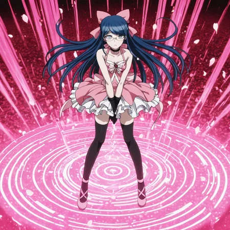 masterpiece, best quality, absurdres, <lora:anime_screencap-IllustriousV2:1>, anime screencap, anime coloring, 2d, anime style , This anime screencap is from Danganronpa the Animation. , <lora:Devil_Survivor_Megaten_Megapack:0.4> , 1girl,black_thighhighs,blue_eyes,blue_hair,bow,choker,devil_survivor_(series),devil_survivor_1,dress,glasses,gloves,hair_bow,hair_ornament,komaki_midori,long_hair,megaten,ribbon,solo,thighhighs,zanku , public_park, playground_equipment_twisted, benches_overturned, fountain_dried_up, cherry_blossom_petals_swirling, magical_wind_effects, transformation_sequence_location, costume_change_hiding_spot, pink_energy_vortex, magical_girl_training_ground, spell_practice_area, target_practice_dummies, magical_obstacle_course, supernatural_phenomena, reality_distortion_field, dimensional_practice_arena, magical_energy_amplification_circle