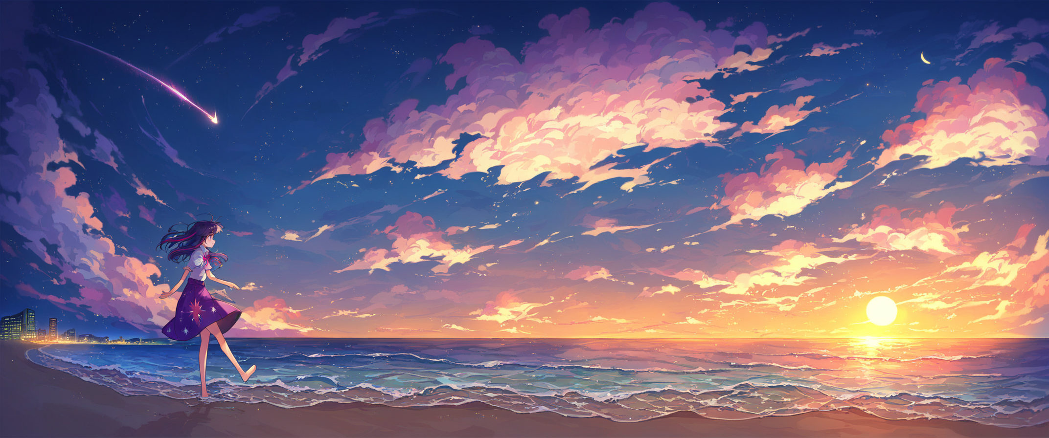 score_9, score_8_up, score_7_up, score_6_up, source anime,
a woman standing on the beach at night, scenery, starry sky, star \(sky\), sky, shore, ocean, night sky, night, beach, horizon, city lights, cloud, water, moon, crescent moon, waves, sunrise, twilight, light particles, walking on liquid, cloudy sky, sunset, 1girl, 
masterpiece, best quality, very aesthetic, absurdres,
<lora:detailed_backgrounds_v2:0.8>