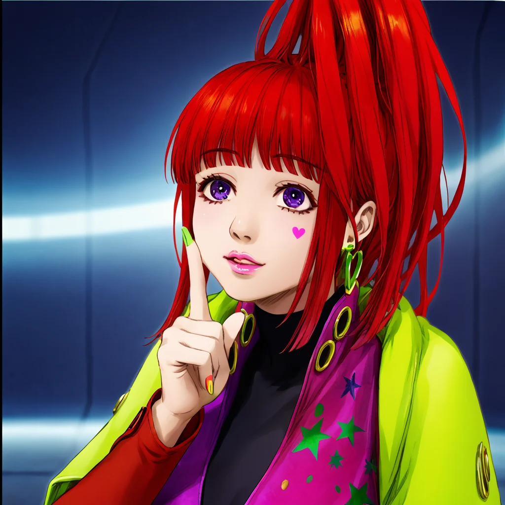 best quality, masterpiece, official artwork, (realistic:0.3), 1girl, solo, sq, red hair, jewelry, earrings, purple eyes, lips, nail polish, makeup, long hair, ponytail, jacket, dress, spaceship room background, flashy, social, thinking face, one finger point on face, thinking, eye looking up
