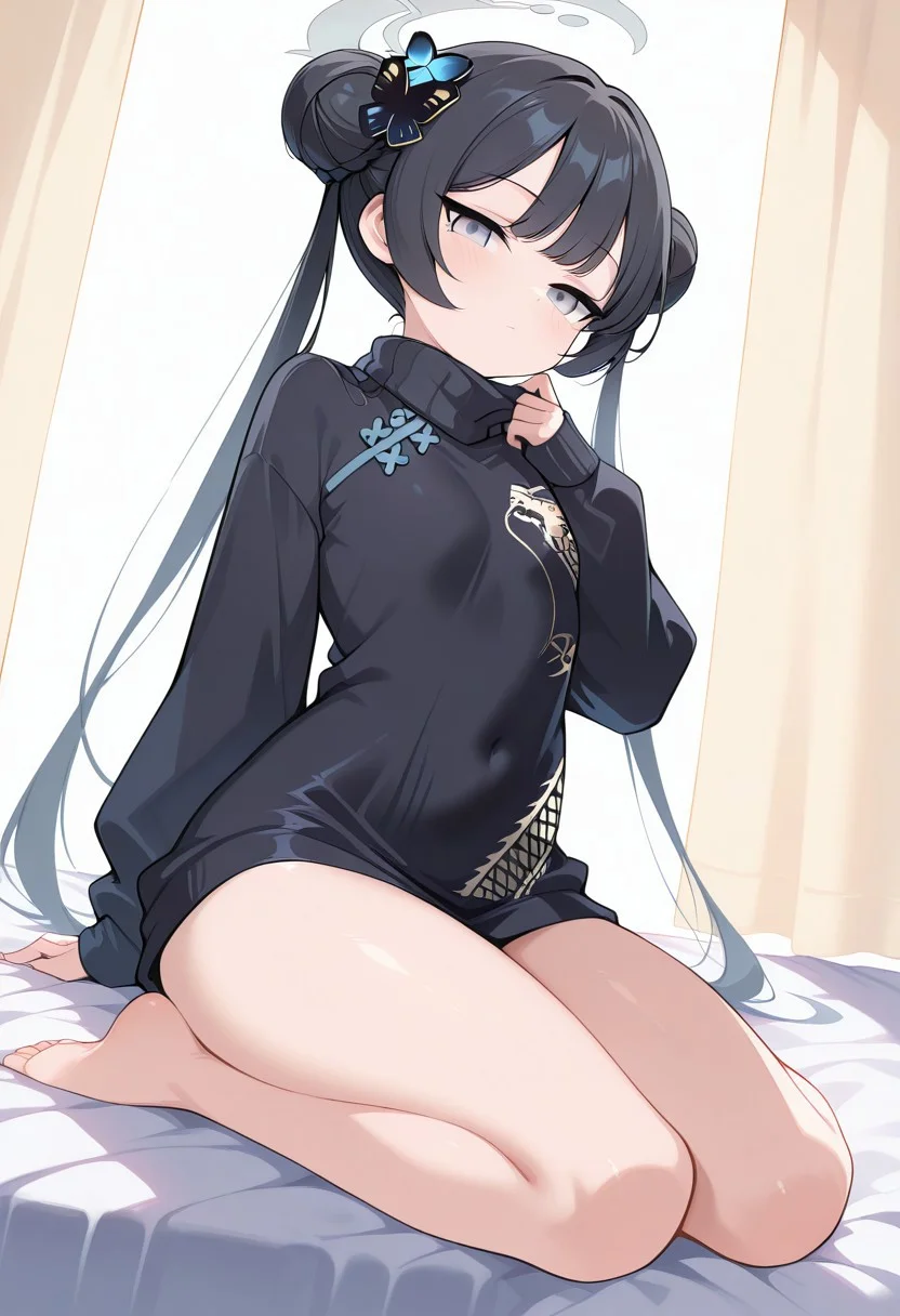 masterpiece, best quality, score_9, score_8_up, score_7_up, soft lighting, dramatic lighting, (backlighting:1.4), 1girl, solo, kisaki \(blue archive\),grey eyes, black hair, double bun, twintails, halo, (baggy sweater, black sweater, knitted sweater:1.1), long sleeves, perfect legs, bare feet, wide hips, thighs, sexy, seductive, perfect body, relaxing, dynamic angle, looking at viewer, narrow eyes, beautiful face, dreamy eyes, bedsheets, curtains,