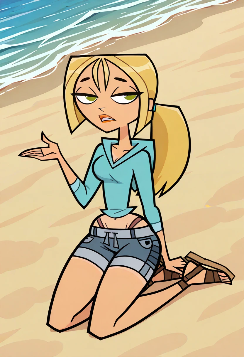 BridgetteTDI, 1girl, blonde hair tied back in a ponytail, fairly tanned skin, olive green eyes, turquoise blue pullover hoodie, blue-gray drawstring denim shorts, brown thong sandals, orange lips, lipstick, solo, full body, beach
