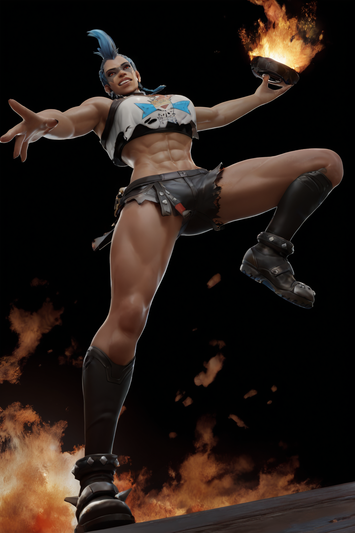 masterpiece, detailed quality, 1girl, solo, black background, score_9, source_anime, score_8_up, score_7_up, x3dce, <lora:X3dCE_PDXL:.6> abs, outstretched legs,  <lora:JunkerQueenOW2:0.8> junkerqxl, grenade, fire, looking at viewer, crazy, full body, throwing, jumping from below, on metal vehicle