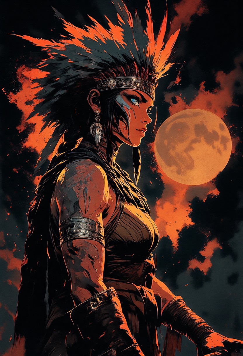 Female aztec warrior, tribal, wolf headdress, war paint, face paint, eye black, glowing eyes, in profile, toned arms, braided hair, large breasts, dark and moody background, adds a dramatic tone, subtle lighting reflections, ray traced, foreshortening, particle effect, Holding a sword,