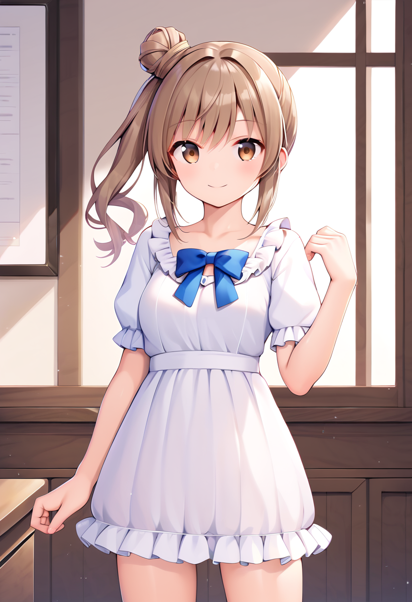 score_9, score_8_up, score_7_up, score_6_up, score_5_up, score_4_up, source_anime,
BREAK,
solo, 1girl, standing, looking at viewer, smile, white dress, frilled dress, indoors, 
<lora:satou_sasara_ponyXL_v1:1> satou sasara, brown hair, side ponytail, single hair bun, long hair, brown eyes,
