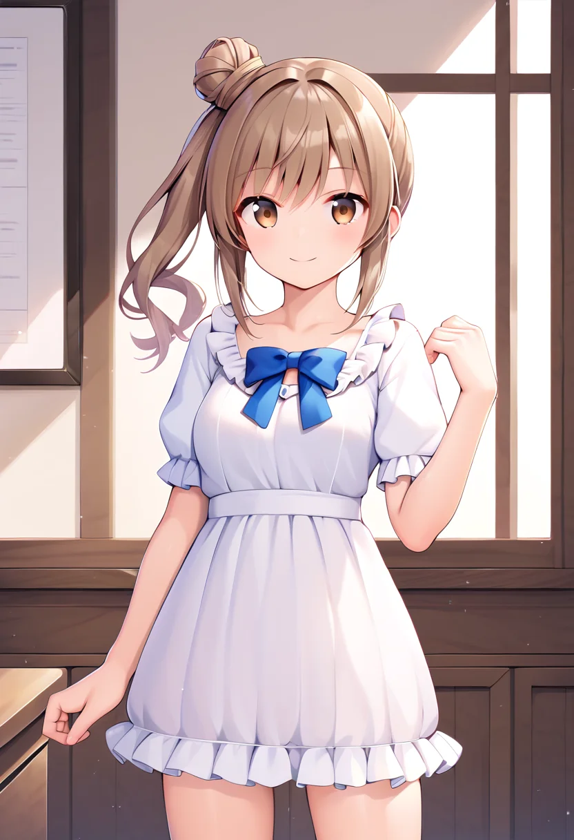 score_9, score_8_up, score_7_up, score_6_up, score_5_up, score_4_up, source_anime,
BREAK,
solo, 1girl, standing, looking at viewer, smile, white dress, frilled dress, indoors,
<lora:satou_sasara_ponyXL_v1:1> satou sasara, brown hair, side ponytail, single hair bun, long hair, brown eyes,