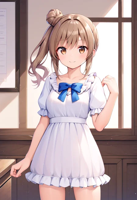 score_9, score_8_up, score_7_up, score_6_up, score_5_up, score_4_up, source_anime,
BREAK,
solo, 1girl, standing, looking at viewer, smile, white dress, frilled dress, indoors,
<lora:satou_sasara_ponyXL_v1:1> satou sasara, brown hair, side ponytail, single hair bun, long hair, brown eyes,