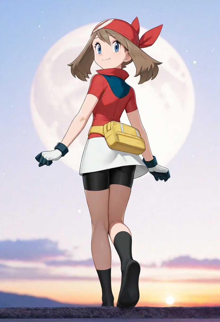 1girl, may, brown hair, medium hair, red bandana, red shirt, white skirt, jacket, short sleeves, bike shorts, shorts under skirt, collared shirt, eyelashes, black socks, popped collar, two-tone gloves, fanny pack, yellow bag, (cute expression, smiling) BREAK dynamic pose, dynamic view, from behind, looking back, standing, foot up, foot focus, dainty feet, wide soles BREAK sunset sky, moon, colorful, vibrant colors detailed background, photo background, volumetric lighting, depth of field, soft lighting, soft shading, glowing particles, official art BREAK detailed eyes, detailed clothes, soft skin texture, thick legs, large calf, (masterpiece:1.4, best quality:1.4, amazing quality, newest, very aesthetic:1.4, ultra-detailed, absurdres, 8k)
