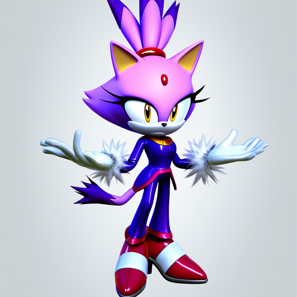 sonic \(series\), blaze the cat, 1girl, solo, gloves, animal ears, forehead jewel, furry female, cat ears, purple coat, high heels, furry, simple background, fur trim, white gloves, purple hair, white background, yellow eyes, fur-trimmed footwear, topknot, cat girl, full body, tail, cat tail, coat, standing, closed mouth, hair tie, shoes, fur-trimmed gloves, animal nose, long sleeves