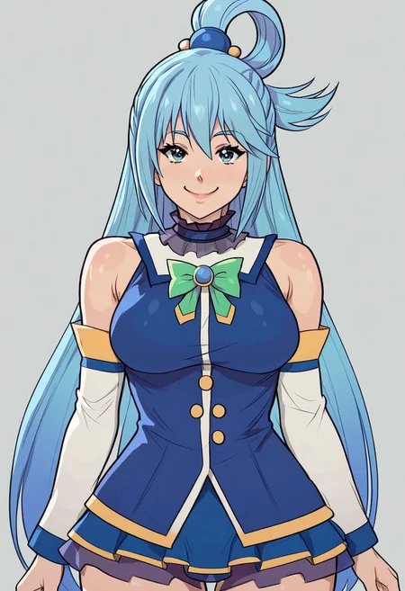 score_9, score_8_up, score_7_up, score_6_up, score_5_up, score_4_up, source_cartoon, <lora:confetti-extract- ponyxl:0.85>, detailed eyes, easynegative, rating_explicit, Expressiveh, 1girl, solo, yoracrab, big breasts, smiling at viewer, close up
aqua \(konosuba\), long hair, blue eyes, hair ornament, very long hair, blue hair, hair rings, single hair ring, hair bobbles, shirt, bare shoulders, detached sleeves, green bow,