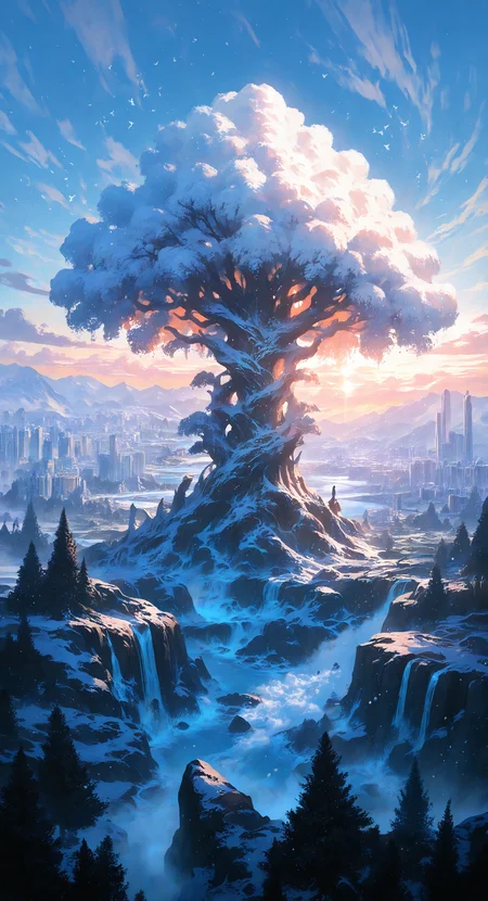 masterpiece, best quality, good quality, very awa, very aesthetic, absurdres, newest, bird, cityscape, cloud, day, giant tree, landscape, no humans, outdoors, planet, river, scenery, sky, surreal, tree, water, waterfall, sunrise,winter,snowing, <lora:spo_sdxl_10ep_4k-data_lora_webui:0.6> <lora:ponyv4_noob1_2_adamW-000017:0.7> <lora:USNR_STYLE_XL_lokr:0.45>