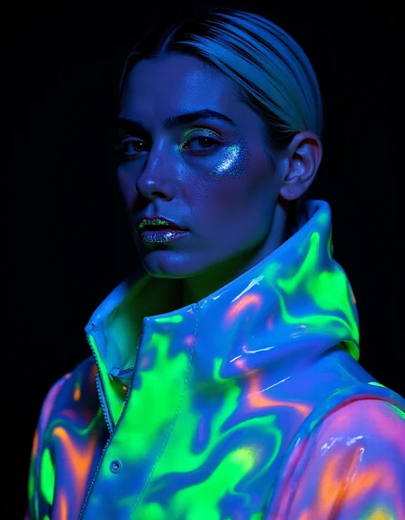 A closeup of a model encased in an abstract cocoon of bioluminescent liquid marble. The marble flows in glowing waves of electric green, violet, and cobalt blue, its glossy surface refracting light as if alive. Her skin glows faintly through the cocoon, with shimmering opalescent highlights on her cheekbones. Her lips are adorned with a radiant holographic gloss, and her hair is sleek, dyed in streaks of glowing blue and pink. The black background creates a stark contrast, making the marble cocoon appear like an alien structure ready to burst with life.
<lora:ral-smrtfjcnpt_flux:1>