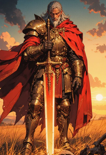 An epic fantasy warrior with gray hair and beard, an undercat haircut clad in detailed golden armor. He has a bright red cloak fluttering in the wind and a powerful sword that emits a warm glow. The scene is set against a sunset sky, the field is covered with golden dry grasses surrounding the hero. Dramatic lighting with contrast between deep shadows and golden lighting