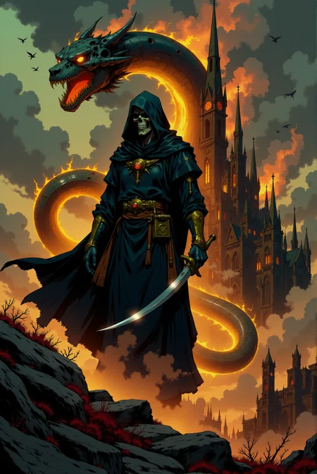 <lora:Dark_Gothic_Comic_style_v.2:0.9> DGC style.
The image depicts a colossal, dystopian cityscape rising like a cathedral of steel and glass from a desolate, rocky landscape. The architecture fuses gothic elements with futuristic design, as towering spires stretch into the ominous, storm-filled sky. The structures are adorned with pointed arches, intricate buttresses, and glowing, stained-glass-like panels that radiate a faint, ethereal light, breaking the otherwise dark and foreboding atmosphere. The foreground is dominated by jagged, weathered rocks and patches of red, alien vegetation that add an organic contrast to the mechanical grandeur of the city. The textures of the land are rough and barren, hinting at a once-thriving environment now rendered lifeless. Intricate clouds of ash and mist shroud parts of the towering skyline, while flocks of dark birds or drones circle the upper reaches, lending movement and a sense of foreboding to the scene. The city itself feels alive, its layers of interconnected structures forming a maze of industrial complexity. Scaffolding and exposed metallic frameworks suggest ongoing construction or decay, adding to the sense of a world both ancient and futuristic, caught in perpetual transformation. The lighting shifts dramatically, with the last rays of a pale sun piercing through heavy clouds, casting long, fragmented shadows across the terrain. The scene exudes a haunting, apocalyptic beauty, blending the awe of gothic revival with the stark desolation of a world reclaimed by time and ruin.
