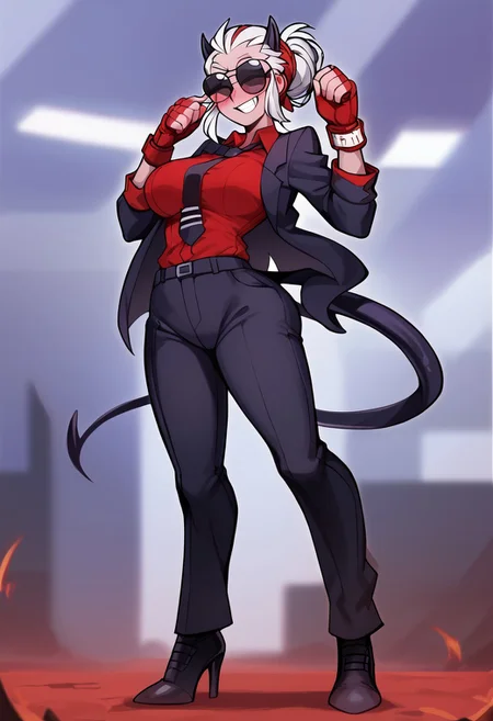(masterpiece: 1.2), (detail: 1.1), (high resolution, best quality: 1.2), highly detailed background, Score_9, Score_8_up, Score_7_up, Score_6, Score_5, Score_4,
ultra detailed, aesthetic, 1 girl, ((((solo)))
perfect anatomy, 1girl, Justice from Helltaker, justicedef,
short hair, demon horns, sunglasses,
blush, seductive smile,
,female, athletic body, hourglass body, , (big breasts:1.3),perfectly round breasts, slim, Ideal round butt.thick thighs, demon tail
(partially clothed, black jacket,) red shirt, neckline, black necktie, loose office trousers.Fingerless fighting gloves, High heels,
(blurred background: 1.2), (looks at the viewer standing above: 1.1),