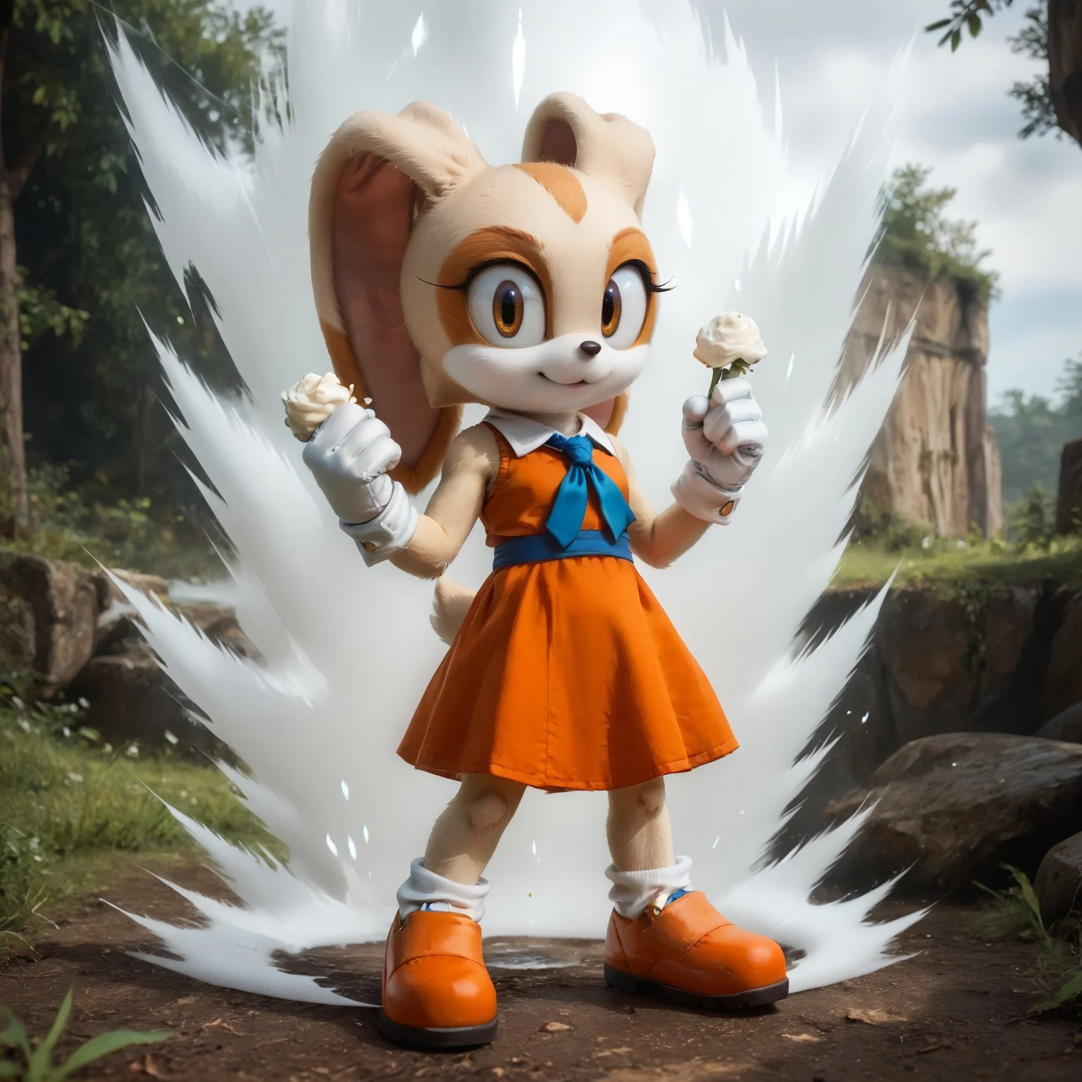 score_9, score_8_up, score_7_up, realism,
, masterpiece, beautiful, 1 girl, solo
Kipowerup, small ki,glowing energy field, sharp jagged energy waves,energy radiating from skin, white aura,
Full body,
Cream the rabbit, 1girl, solo, anthro, furry, female, furry female,animal nose, smile,
orange dress, blue necktie, orange and yellow_ hoes, white socks, white gloves, gold buttons, white collar,orange shoes,