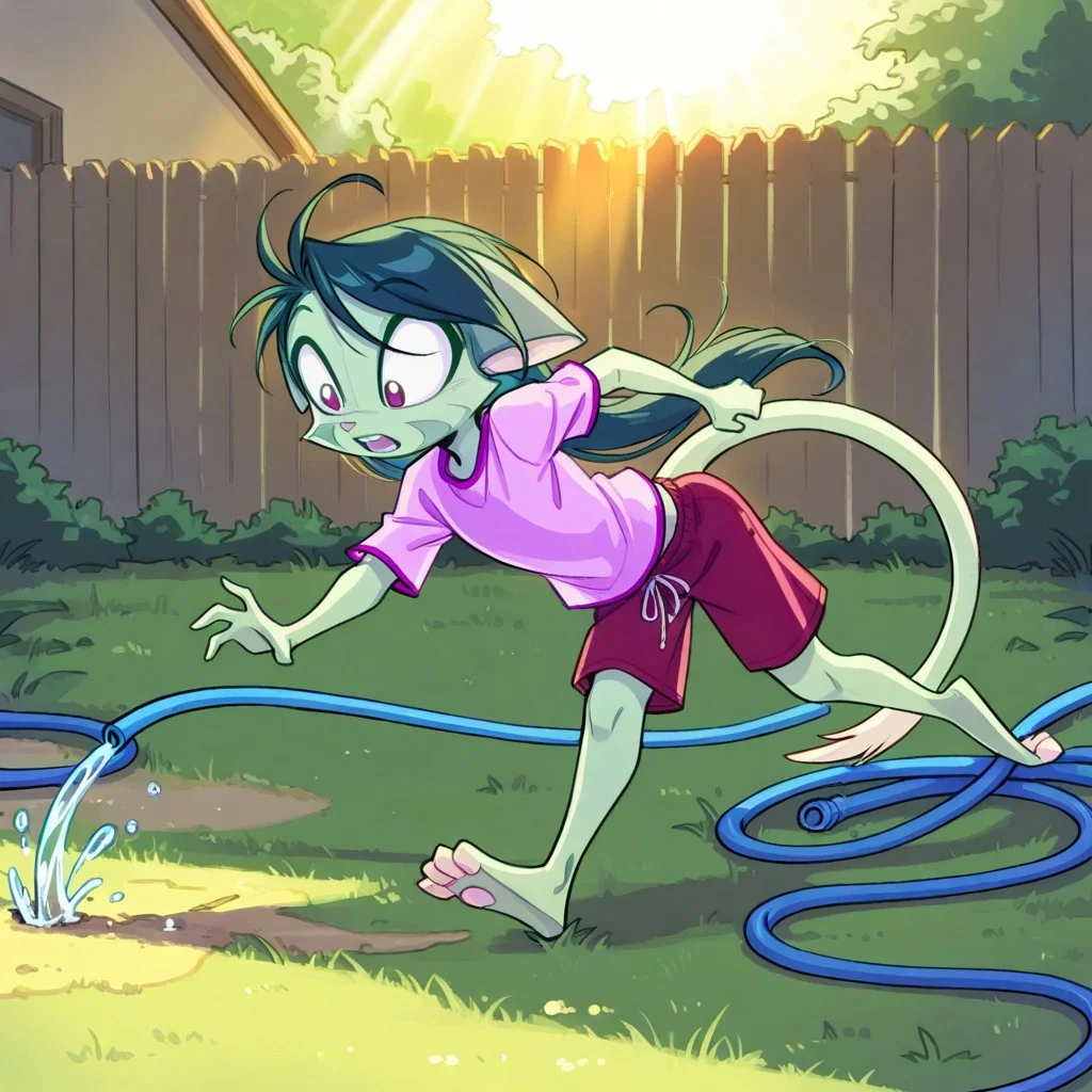 score_9, score_8_up, score_7_up,lilith_calah,
1girl,solo,furry,tail,dark green hair, source_furry,
 ,<lora:lilith_calah_illustrious:0.8>,
masterpiece, child, kid, 
Tripping Over a Hose in a Yard, tripping, hose, yard, shorts, shirt, sunlight, grass, oops, stumbling over a hose, shorts and shirt shifting,