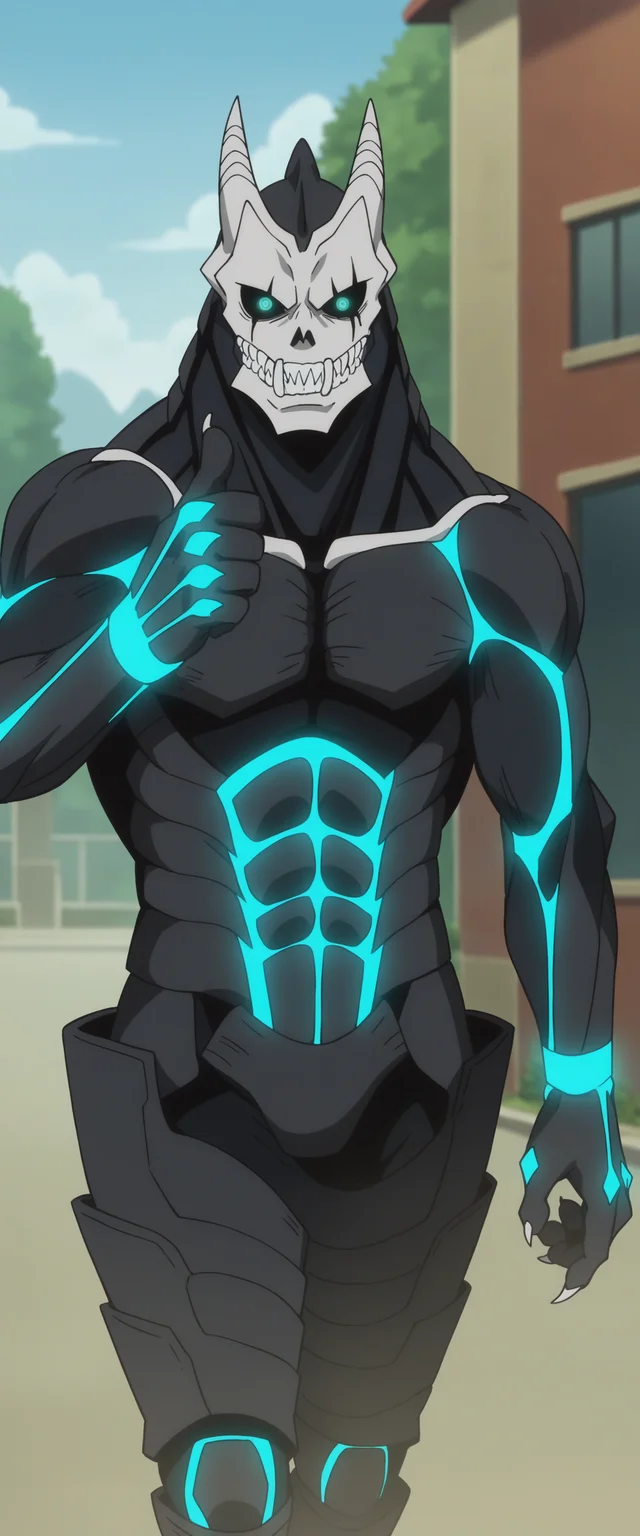score_9,score_8_up, score_7_up, source_anime, BREAK
outdoors, 
<lora:KafkaTestXL2:0.7>,kafkakaiju, 1boy, solo,glowing, glowing eyes, horns, sharp teeth, armor, aqua eyes, muscular male, looking at viewer, neon trim, black sclera, standing, claws,cowboy shot, thumbs up, 
anime screencap, anime coloring, official art,