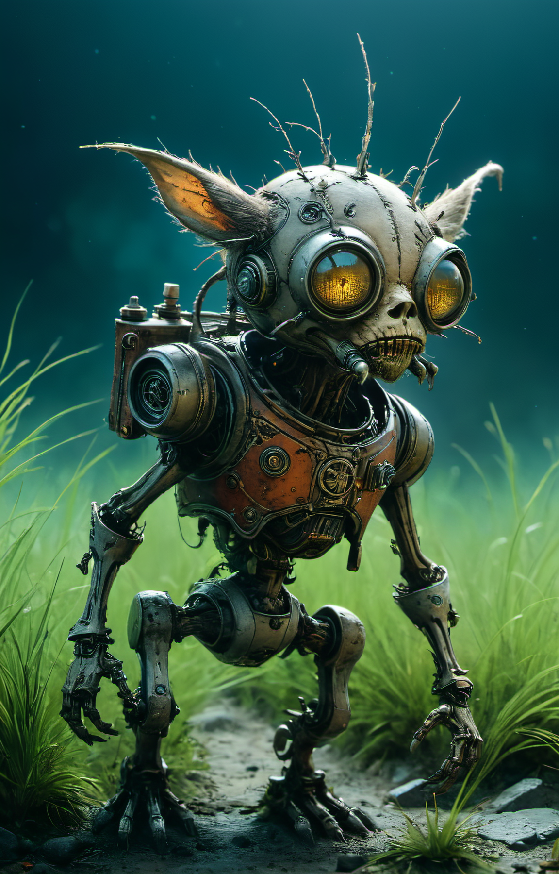 macro photography masterpiece,detailed hyperrealism,Craig Mullins,Jon Burgerman,geof darrow,jean-baptiste monge style - a bio mechanoid by jean-baptiste monge,(long fur on the head),(dumb face:1.4),grass,sand and debris in the ground,swamp,(small debris, stones, bones and rubbish),clear sky,big moon-planet in the sky,blurred background of a futuristic modern scifi abandoned city,((dark background)),volumetric fog,smoke,haze,rust,epic,shallow depth of field,very detailed,high budget,((((very shallow depth of field:1.4)))),cinematic,moody,epic,awesome,film grain,grainy,grainy,grainy,(very photorealistic),HDR,<lora:Creat0rDet4ilz:0.7>, glow effects, godrays, Hand drawn, render, 8k, octane render, cinema 4d, blender, dark, atmospheric 8k ultra detailed, cinematic, Sharp focus, big depth of field, Masterpiece, 3d octane render, 8k, concept art, trending on artstation, hyperrealistic, extremely detailed CG unity 8k wallpaper, trending on CGSociety, Intricate, High Detail, dramatic