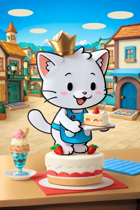 (((stkrstar:1))), highres, high quality, cat, white fur, cooking apron, cake, baking cake, town, indoors, cute, adorable, ice-cream, solo:1, sky, clouds