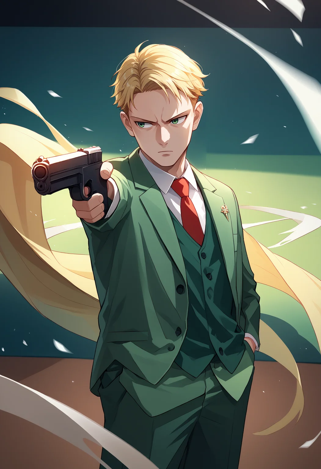score_9, score_8_up, score_7_up, 1boy, loid forger, blonde hair, short hair, green eyes, collared shirt, red necktie, green jacket, white shirt, suit, formal, long sleeves, vest, <lora:LoidForgerTwilight_pdxl_Incrs_v1:1>, cowboy shot, <lora:YusufDikecGunPose_pdxl_Incrs_v1:1>, holding weapon, holding gun, handgun, hand in pocket, aiming, solo, wind,