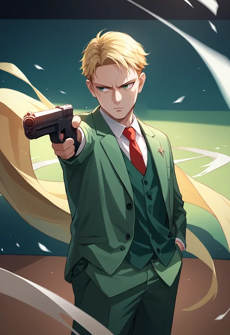 score_9, score_8_up, score_7_up, 1boy, loid forger, blonde hair, short hair, green eyes, collared shirt, red necktie, green jacket, white shirt, suit, formal, long sleeves, vest, <lora:LoidForgerTwilight_pdxl_Incrs_v1:1>, cowboy shot, <lora:YusufDikecGunPose_pdxl_Incrs_v1:1>, holding weapon, holding gun, handgun, hand in pocket, aiming, solo, wind,