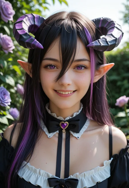 score_9_up, score_8_up, score_7_up, score_6_up, 1girl, 25 years old, perfect face, (adult), sexy,
purple eyes,
detailed face, portrait, face focus, depth of field, looking at viewer, blush, shy smile, close up,
demon girl, demon horns, huge horns, striped horns, black horns, purple horns,
pointy ears, multicolored hair, streaked hair, (purple hair), black hair, long hair, very long hair, hair between eyes,
detached collar, black bow, black dress, frilled dress,
garden, purple roses,
smile,