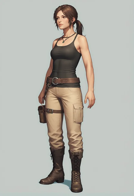 score_9, score_8_up, score_7_up, score_6_up, score_5_up, score_4_up, 1girl, <lora:LaraCroftTanktop:0.85> solo, medium breasts, brown hair, brown eyes, ponytail, lips, jewelry, necklace, tank top, pants, belt, bare shoulders, boots, full body, standing,
light blue background, simple background,