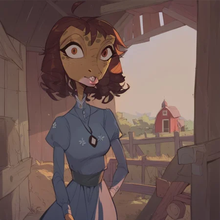 safe_pos, BeansPXL, jewelry, long sleeves, juliet sleeves, necklace, puffy sleeves, dress, blue dress, brown eyes, brown hair, short hair, drill hair, reptile girl, large breasts, narrow waist, wide hips, anthro lizard, scales, furry, female furry, blank stare, looking at viewer,
flat color, fca style, toon \(style\), 2d,score_9, score_8_up, score_7_up, score_6_up, kissed by an anthro chameleon, wearing a red hawaiian shirt, farm house, late afternoon, fence, barn