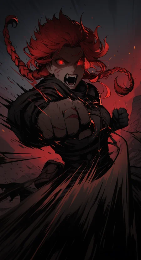 masterpiece, best quality, good quality, very awa, very aesthetic, absurdres, newest, 1girl, punching, braid, clenched hand, fangs, glowing, glowing eyes, injury, long hair, open mouth, red eyes, red hair, solo, twin braids, upper body, Motion Lines,
Motion Blur, dark comic fantasy noir, Dutch Angle, <lora:ponyv6_noobV1_2_adamW-000017:0.7> <lora:USNR_STYLE_XL_lokr:0.45> <lora:dark_comic_fantasy_noir_illustriousXL-000021:0.45>