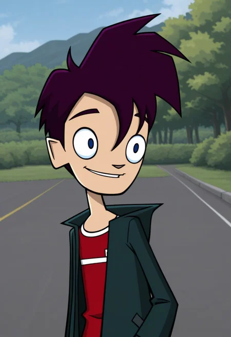 masterpiece,best quality,amazing quality,
RandyCunningham, 1boy, male focus, solo, blue eyes, purple hair, shirt, red shirt, jacket, green jacket, open jacket, outdoor, smile,