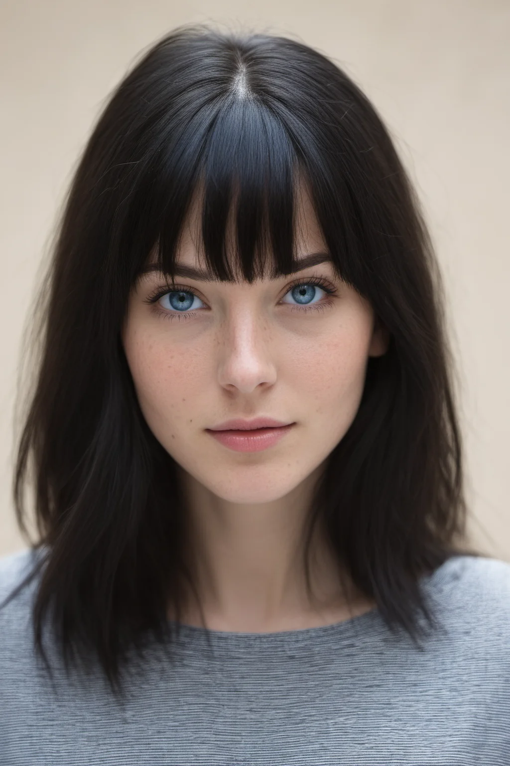 natural lighting, 1girl, solo, blue eyes, black hair, long hair, flowing hair, bangs, 25 year old woman, beautiful, symmetrical face, high cheekbones, square jaw, full lips, ((freckled skin)), (hollow cheeks), head and shoulders, clavicles, small forehead, fuzzy face