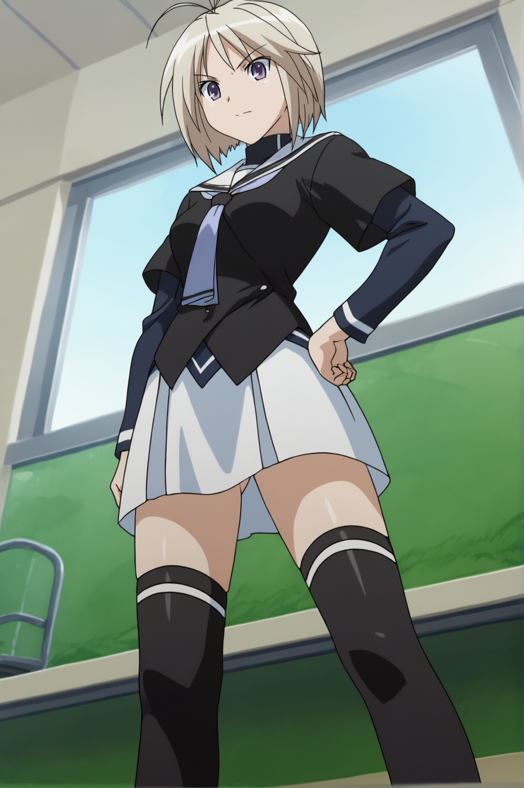 score_9, score_8_up, score_7_up,anime_source, source_anime, best background, detailed background, anime screencap,  Mikoto, 1girl, from below, hand on own hip, over shoulder, school uniform, skirt, solo, thighhighs, indoors, <lora:JN_Mikoto_Kondo:0.8>