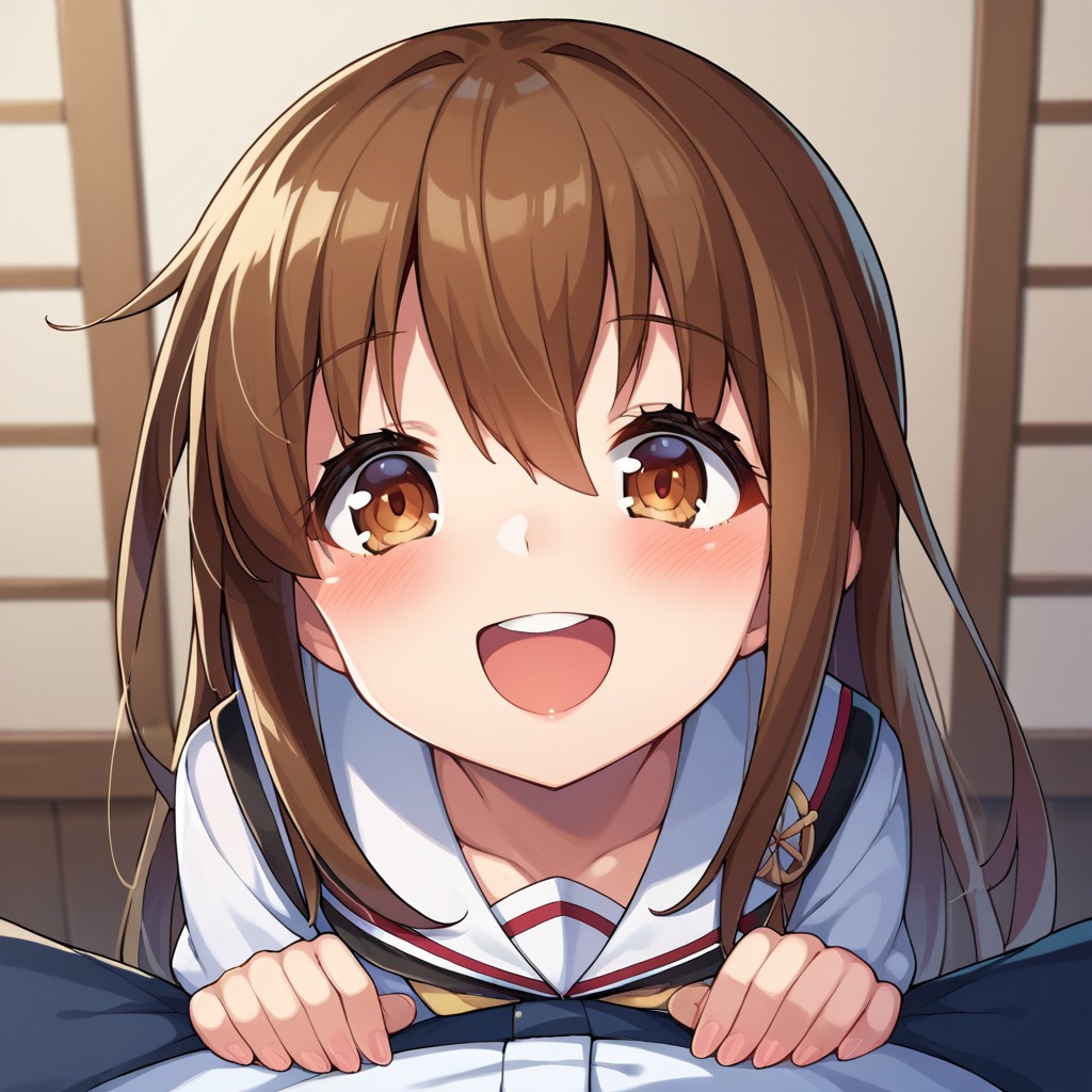 score_9, score_8, score_7, source_anime, fumizuki (kancolle), POV, looking at viewer, blush, smile, open mouth, upper teeth only
