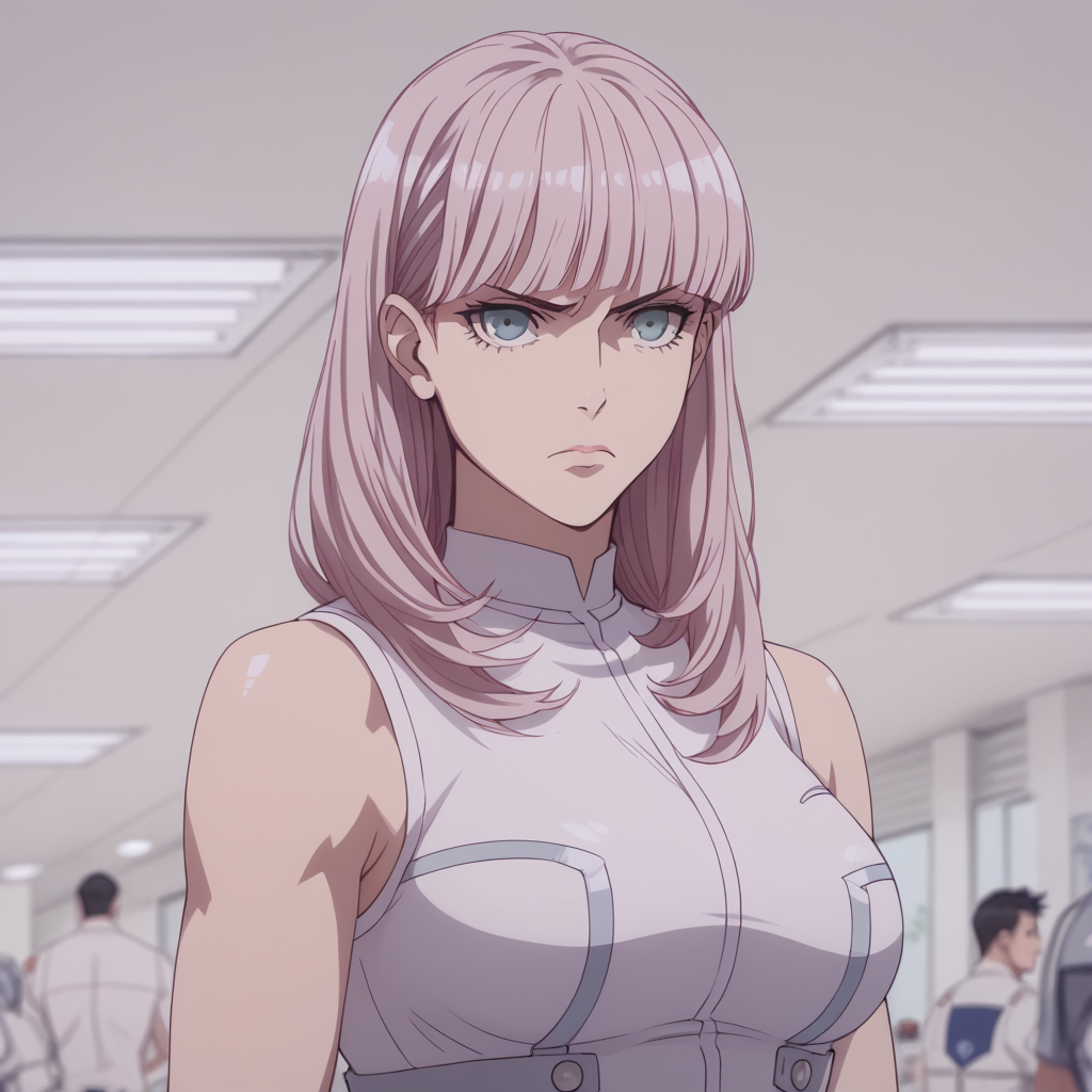 <lora:SlimesAngelicaYukino:1>, slimes_angelicayukino, score_9, score_8_up, score_7_up, woman, solo, bangs, stern expression