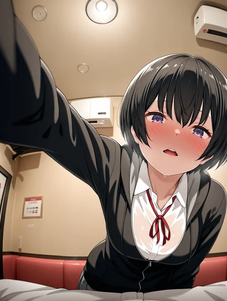 masterpiece,best quality,newest,
1girl,solo,
<lora:k_short_ilxlv1.2:1>,k_short,black hair,bob cut,purple eyes,hair between eyes,k_clothes,white shirt,red ribbon tie,black jacket,
<lora:Fixhands_anime_bdsqlsz_V1:1>,<lora:j_karaoke_ilxl_v1:1>,j_karaoke,looking_at_viewer,pov,leaning_forward,bent_over,blush,embarrass,sweat,reaching towards viewer,upper_body,ceiling,
